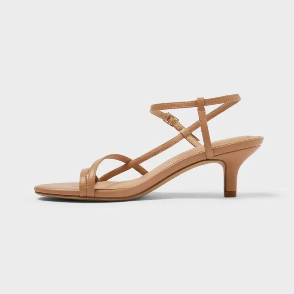 Women’s Wide Width Stella Almond Toe Strappy Heels - A New Day Sand 7.5W